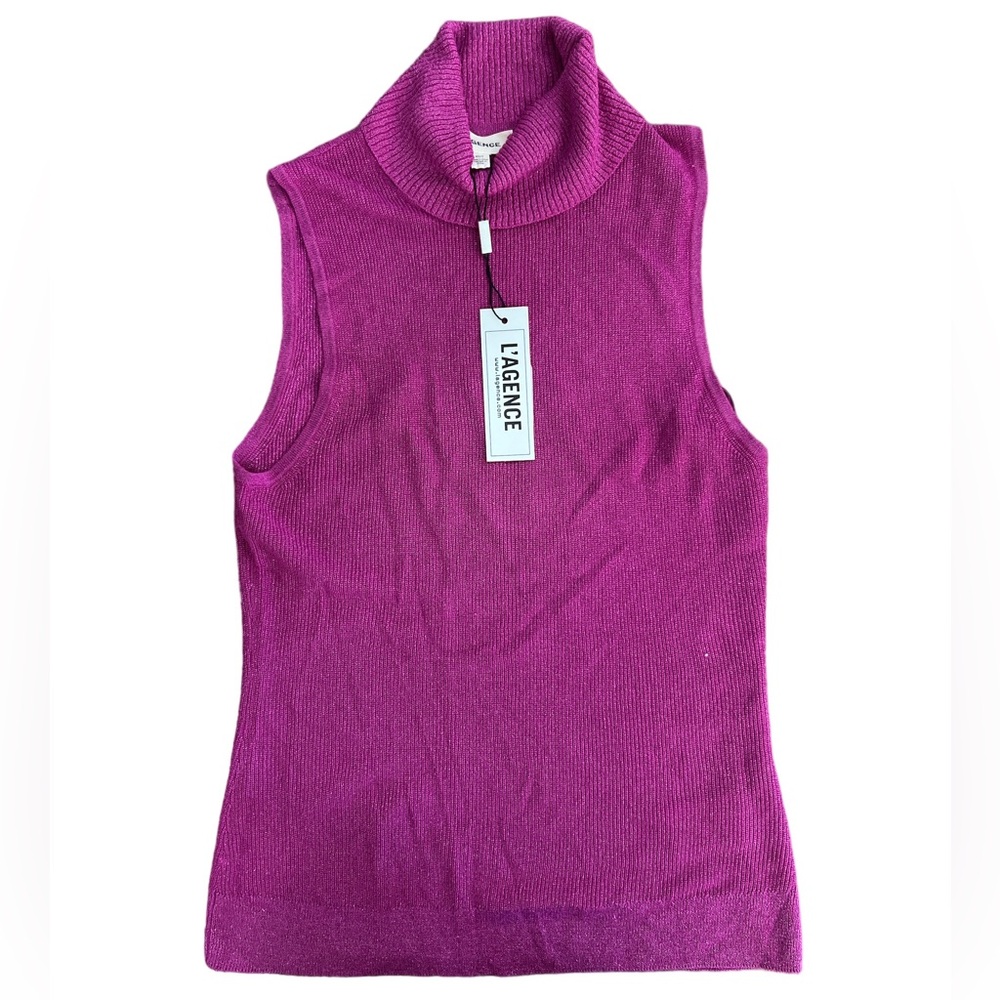 L'Agence NWT Sabrina Metallic Sleeveless Turtleneck Sweater Rose Violet X Small